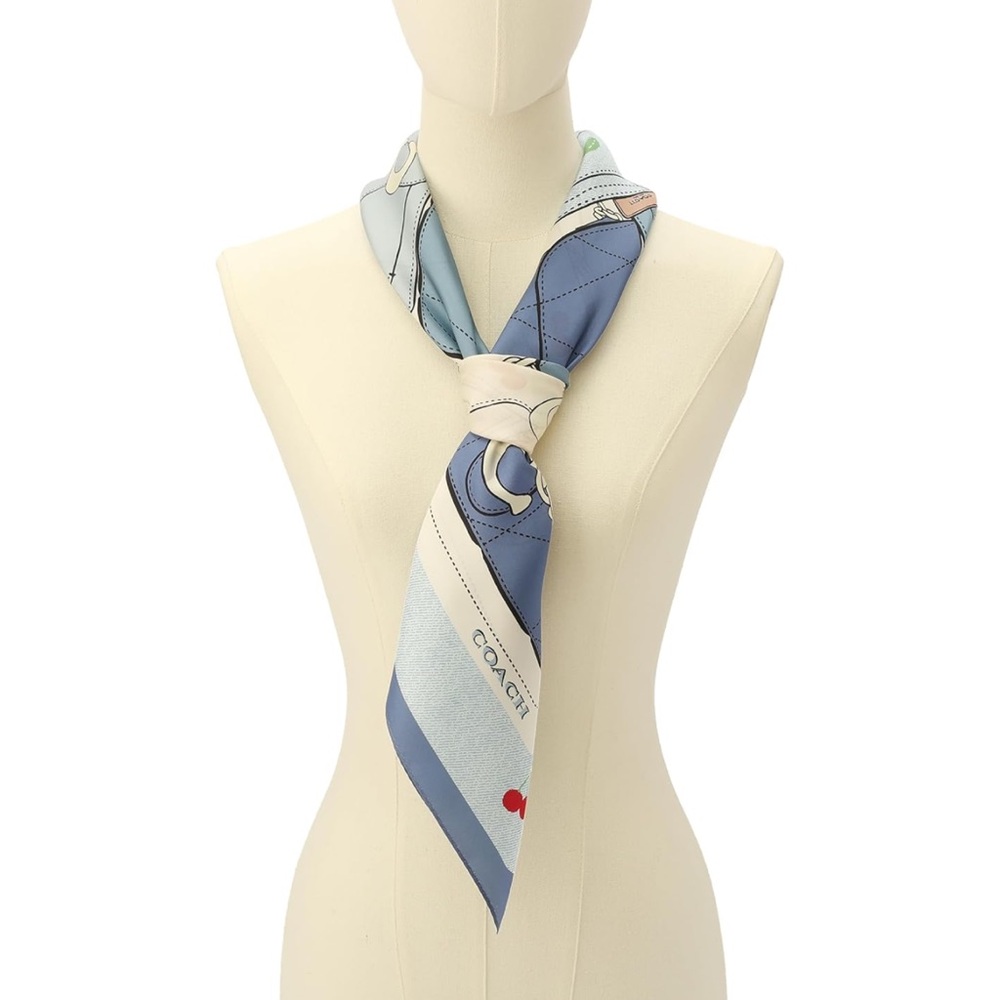 New Coach Blue and Cream Tabby Cherry Print Silk Scarf - Picture 6 of 6